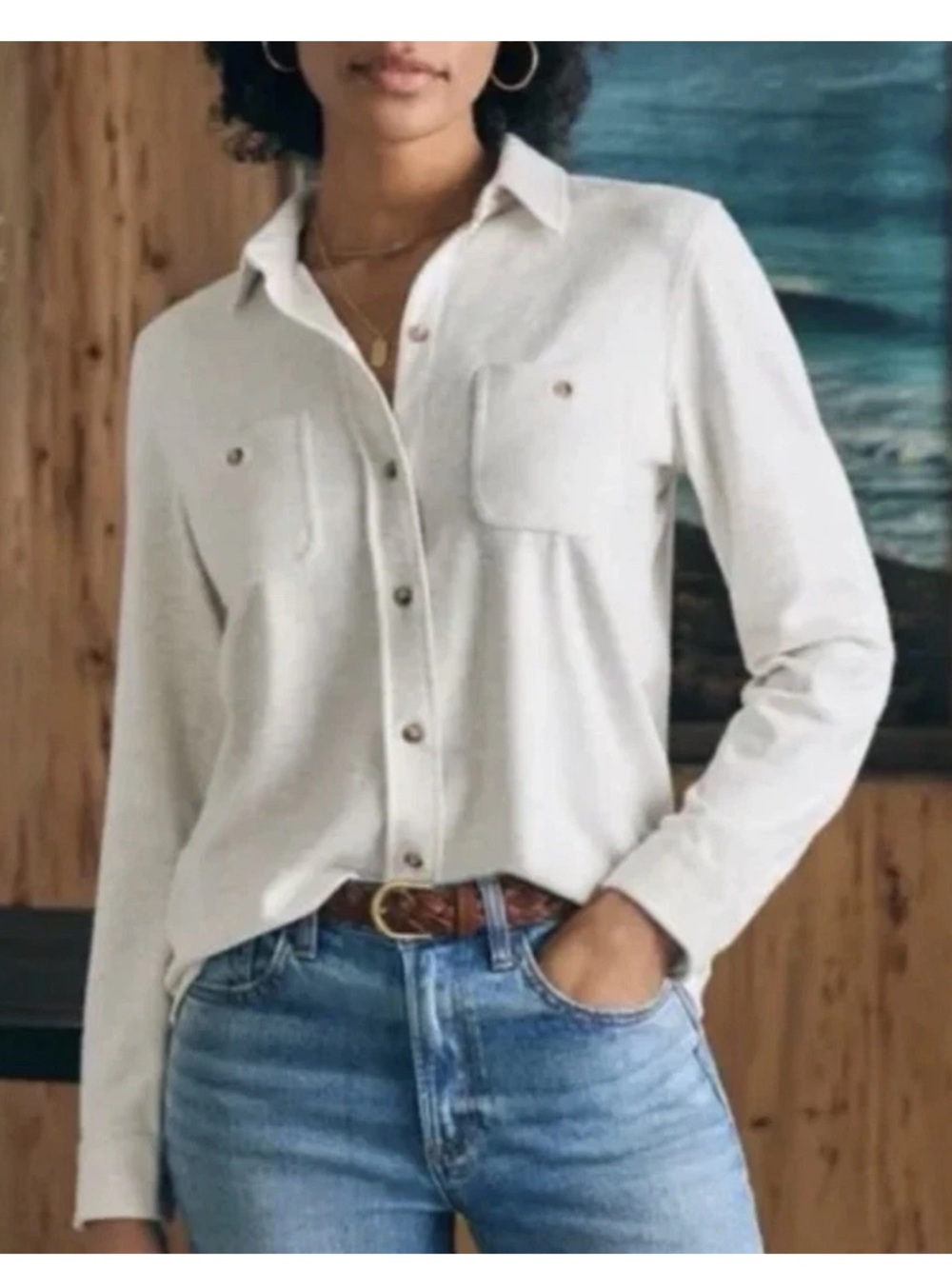 Faherty Legend Sweater Shirt Button Down Collar Off White Classic Women XL